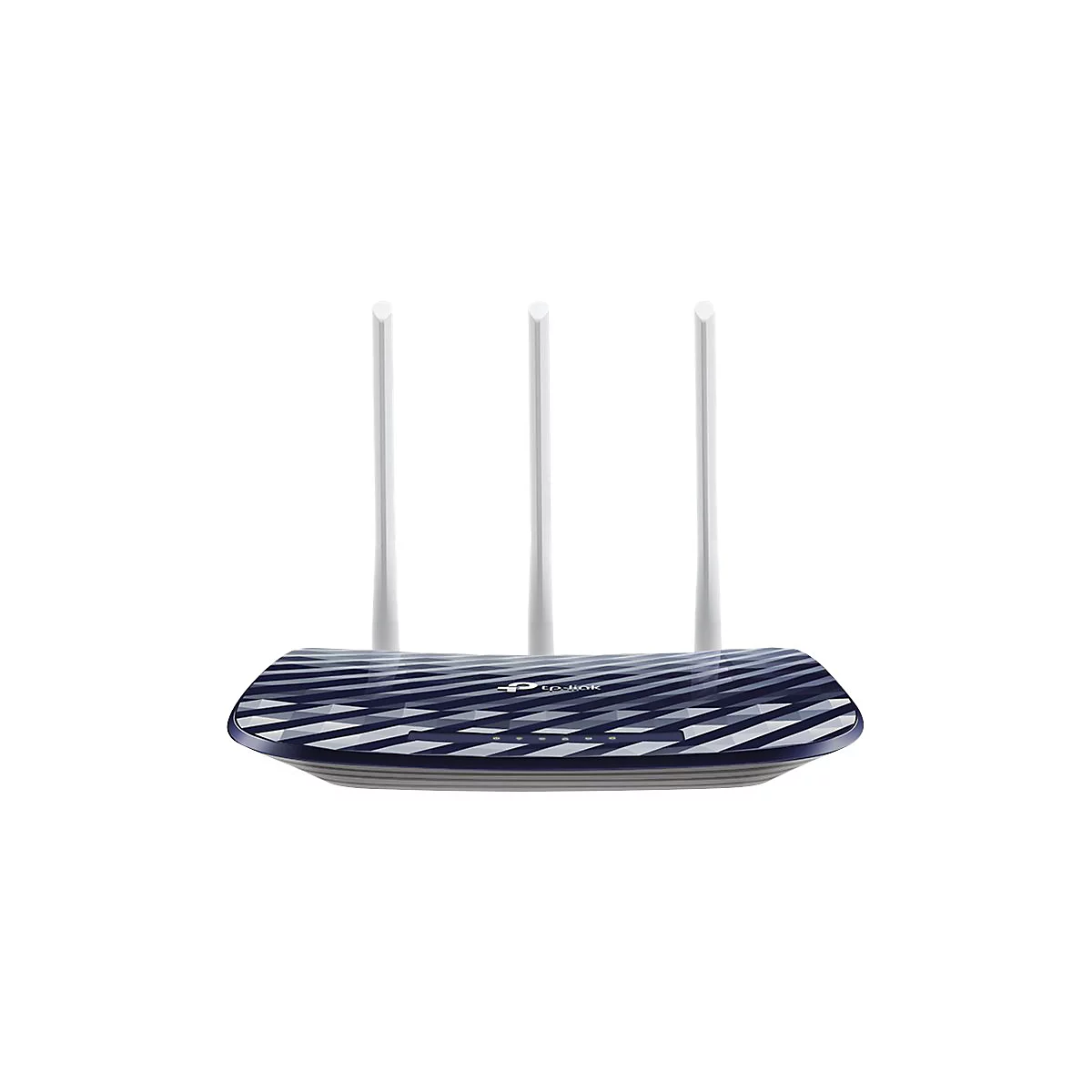 Ein blauer TP-Link-WLAN-Router mit drei Antennen, diagonales Muster auf der Oberseite.