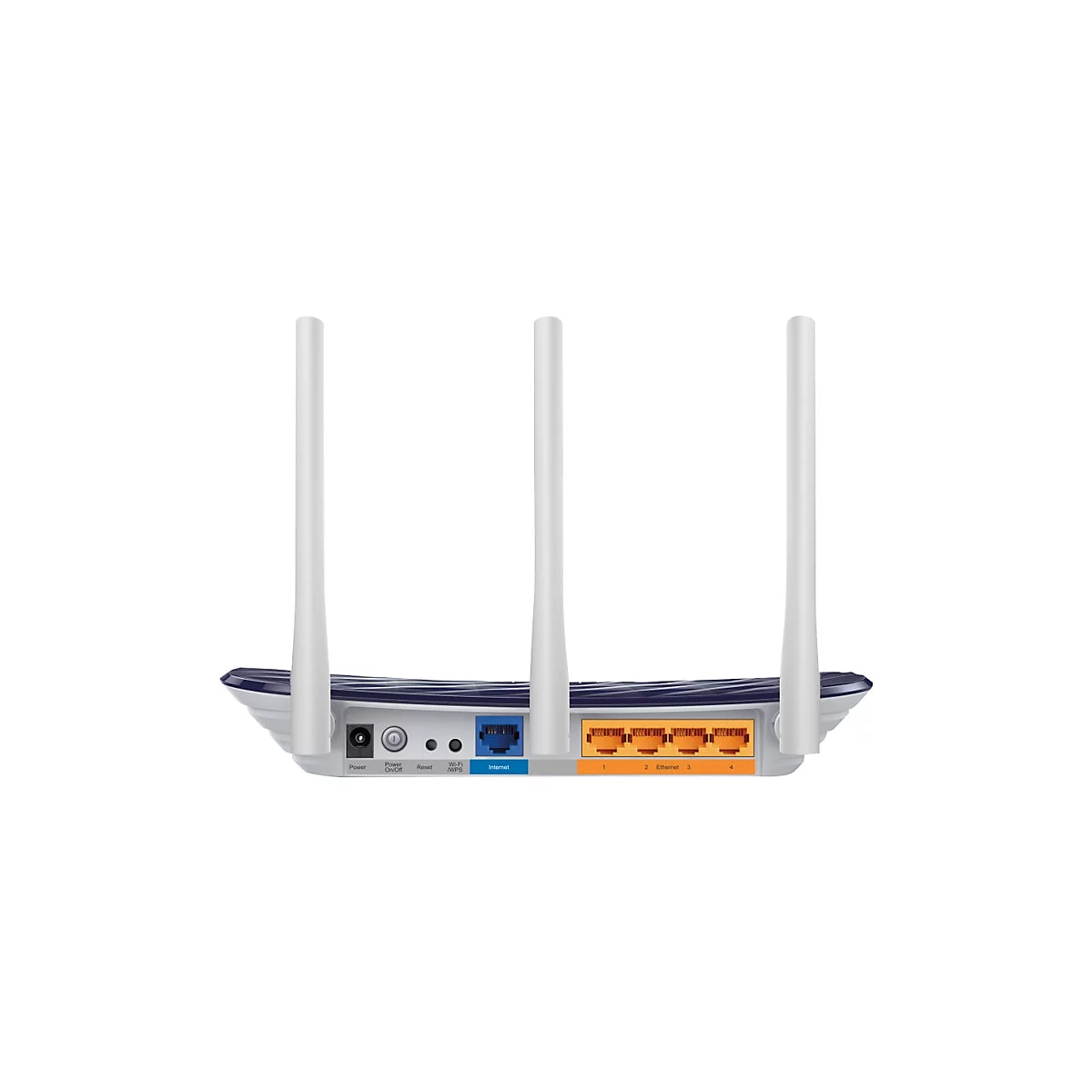 Rückansicht eines weißen Routers mit drei Antennen, Anschlüssen und Beschriftungen: Power, Reset, Ethernet, Internet.