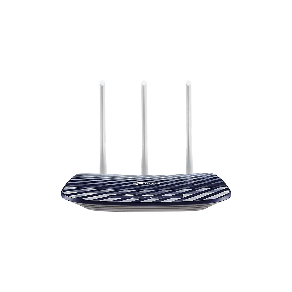 Ein Router mit drei weißen Antennen und einer blau-weiß gemusterten Oberfläche.