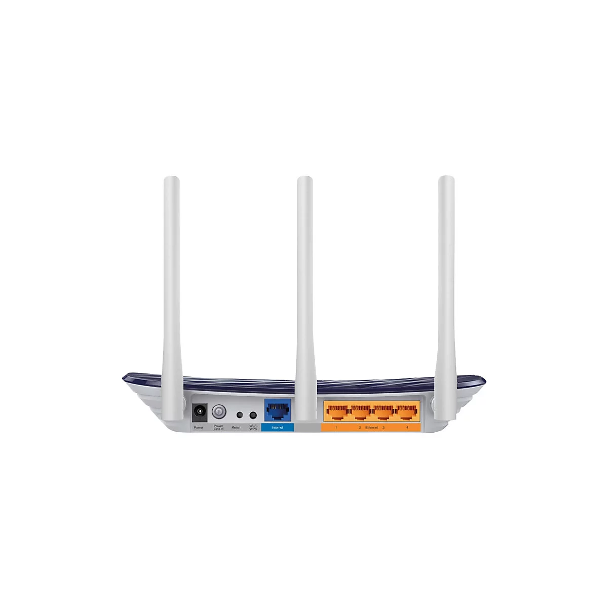 Ein weiß-blauer Router, mit drei Antennen, Anschlüssen für Strom, Internet und Ethernet.