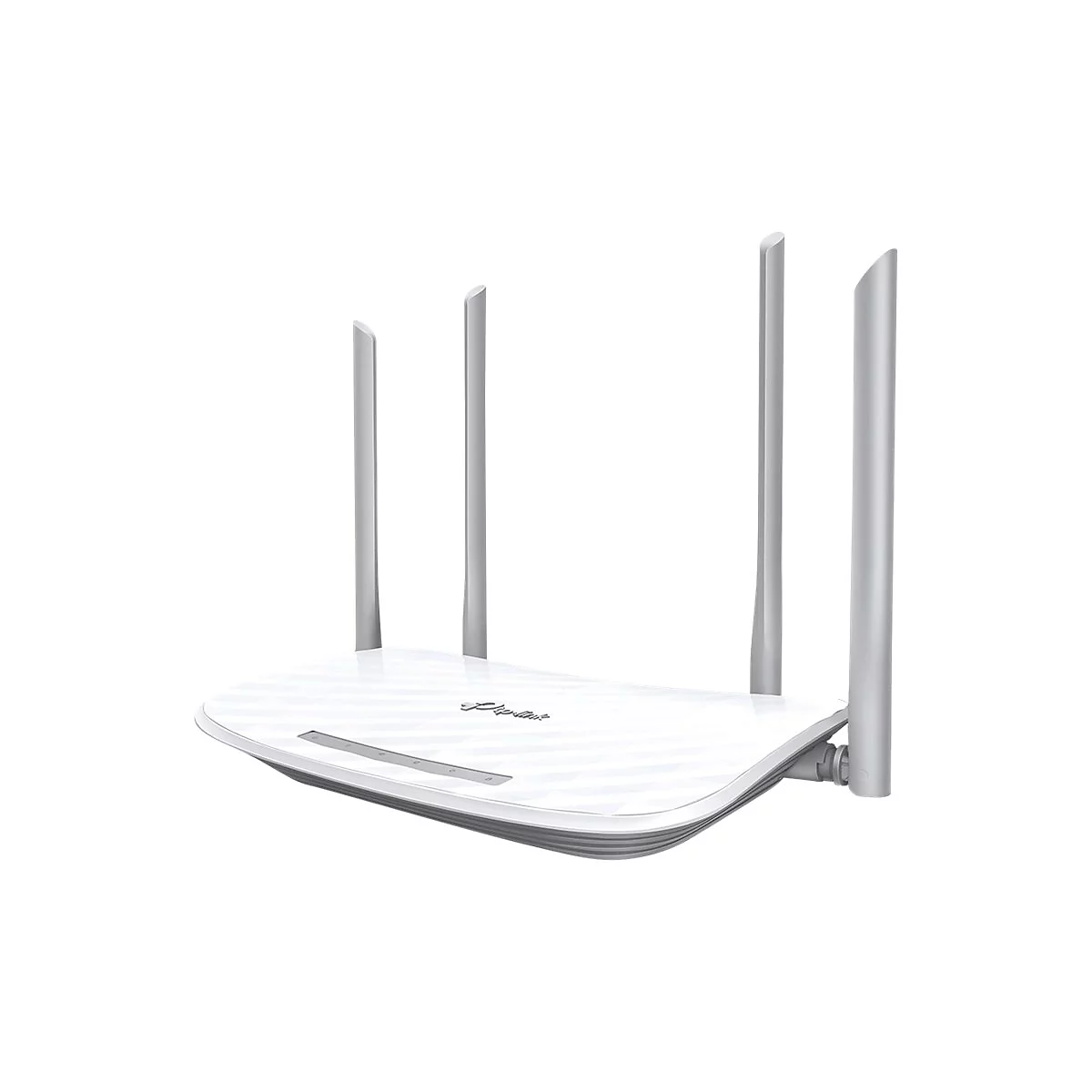 Weißer Router mit vier silbernen Antennen auf hellem Hintergrund. Das Gerät hat abgerundete Ecken und eine Textur auf der Oberseite.