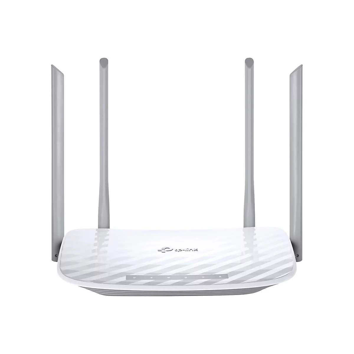 Weißer Router mit vier Antennen. Das tp-link Logo ist mittig angebracht.