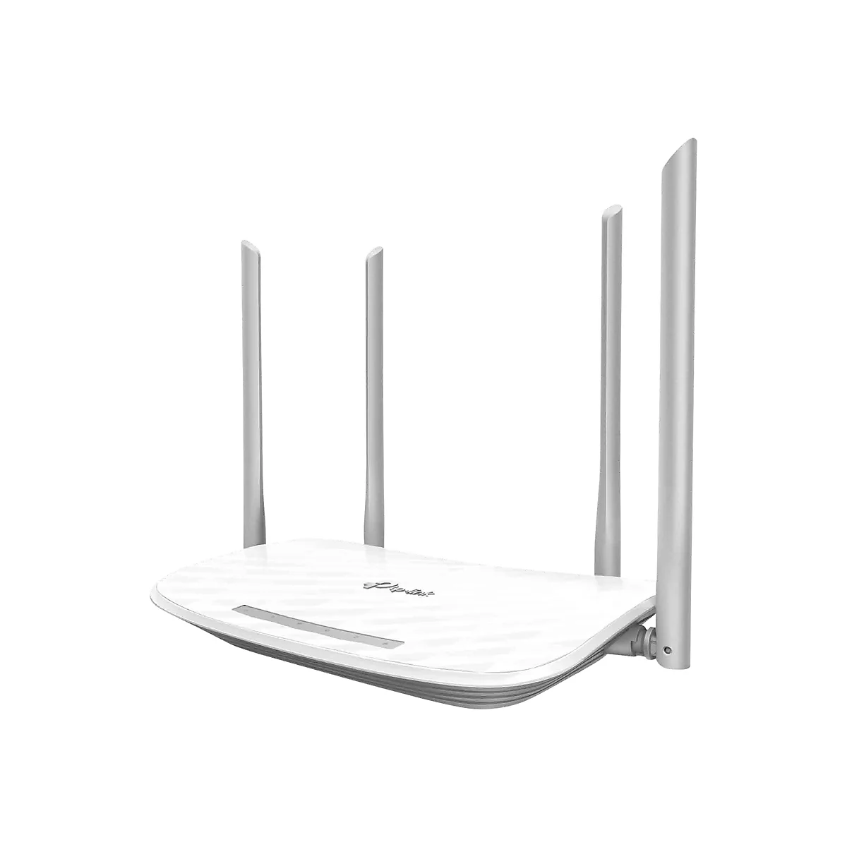 Ein weißer Router mit vier Antennen, die aus dem Gehäuse herausragen. Das Gerät ist vor weißem Hintergrund platziert.