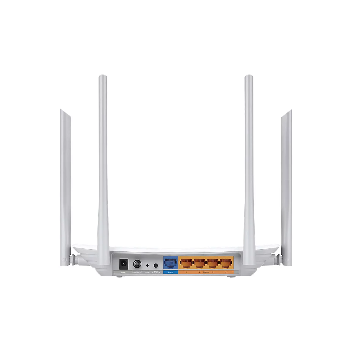 Hellweißer Router mit vier Antennen. Rückseite mit Anschlüssen für Strom, Internet und Ethernet.