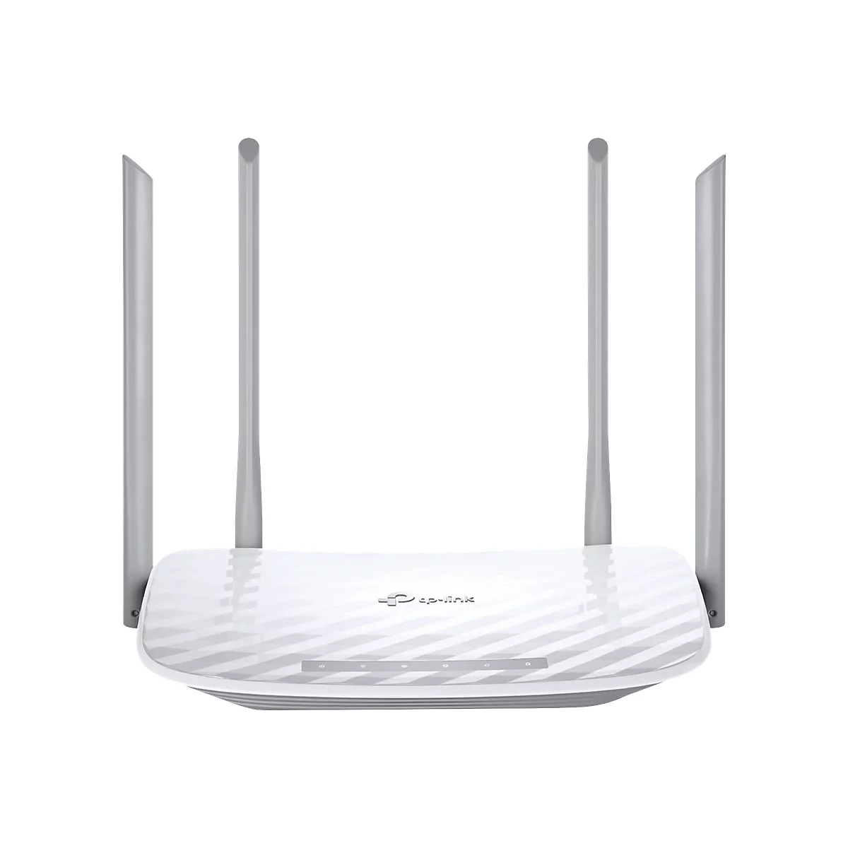 Weißer WLAN-Router mit vier grauen Antennen. TP-Link Logo auf der Oberseite.