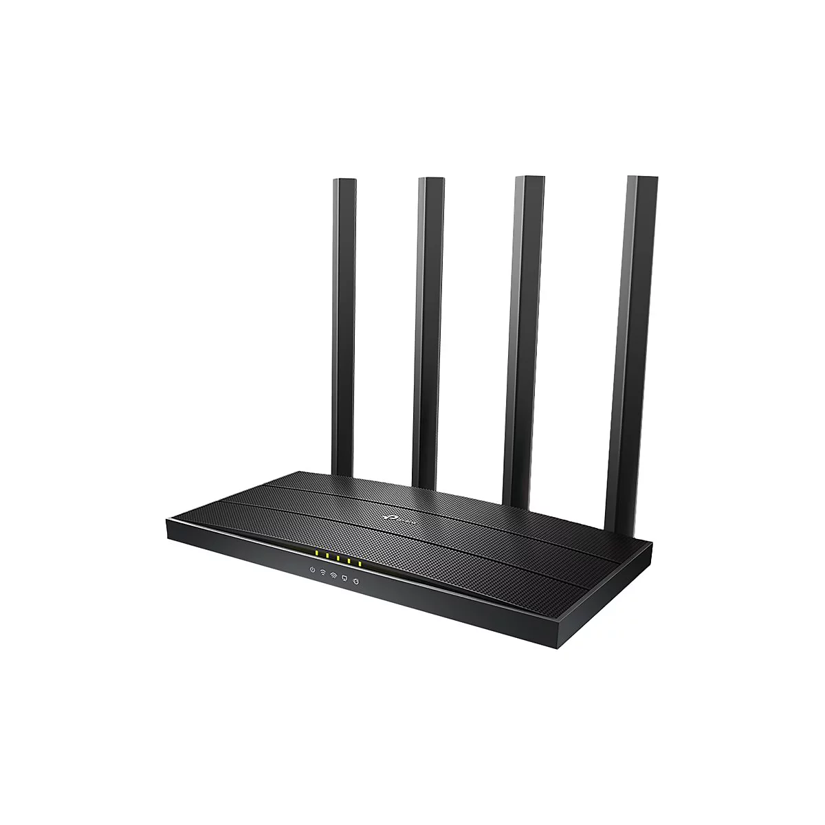 Routeur Wi-Fi noir avec quatre antennes, sur fond blanc.