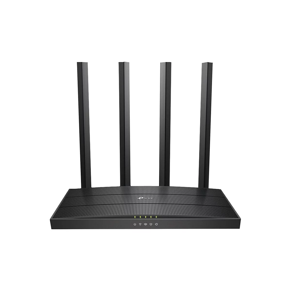 Routeur WiFi noir avec quatre antennes, sur fond blanc.