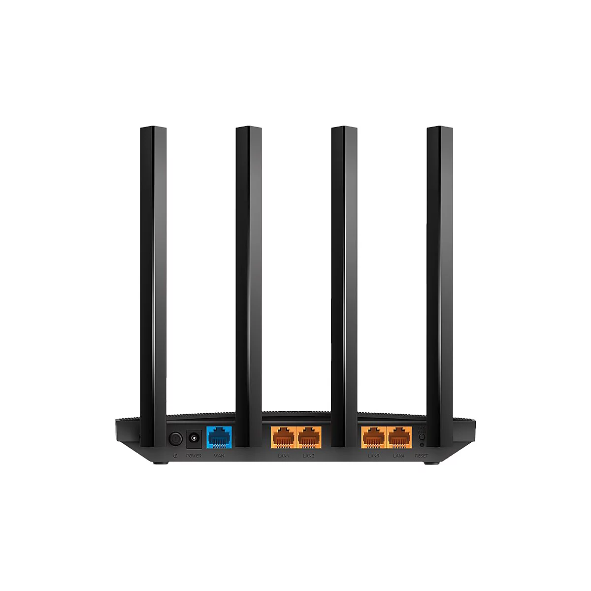 Routeur noir avec quatre antennes, ports bleus et oranges.