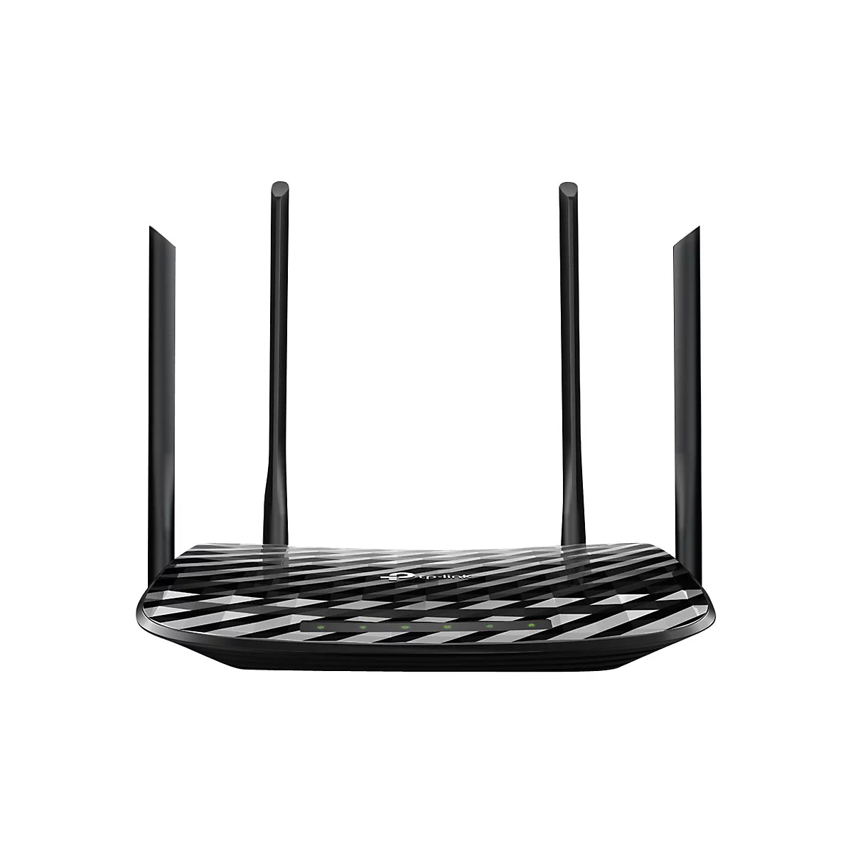 Routeur noir avec antennes. Sur le dessus, un motif de rayures diagonales, en dessous des LED vertes. Sur le devant, il est écrit 'tp-link'.