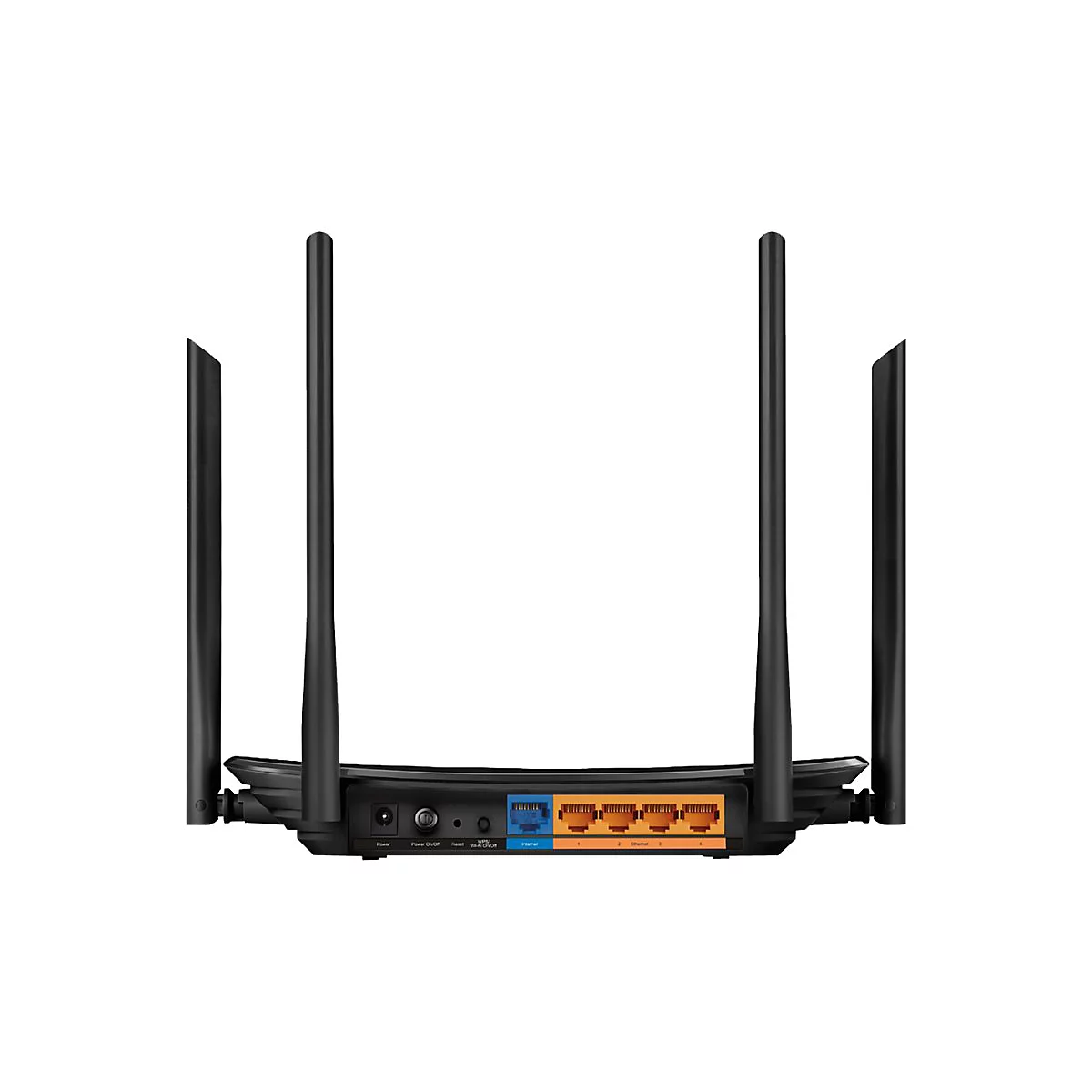 Ein schwarzer WLAN-Router mit fünf Antennen und mehreren Anschlüssen.