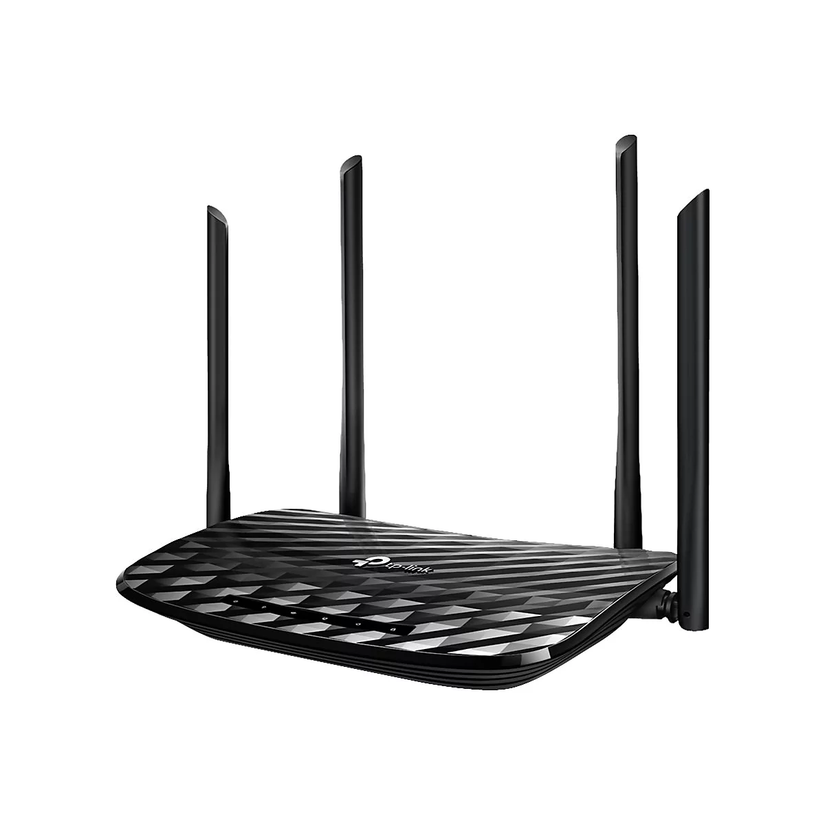 Schwarzer WLAN-Router von TP-Link. Er hat vier Antennen, ein strukturiertes Gehäuse und eine blaue LED-Anzeige.