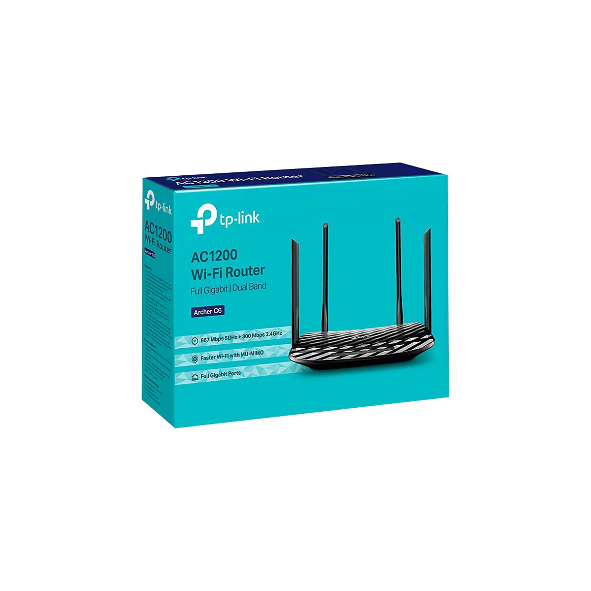 Hellblaue Verpackung eines WLAN-Routers. Aufschrift: AC1200 Wi-Fi Router, Archer C6, Full Gigabit Dual Band.