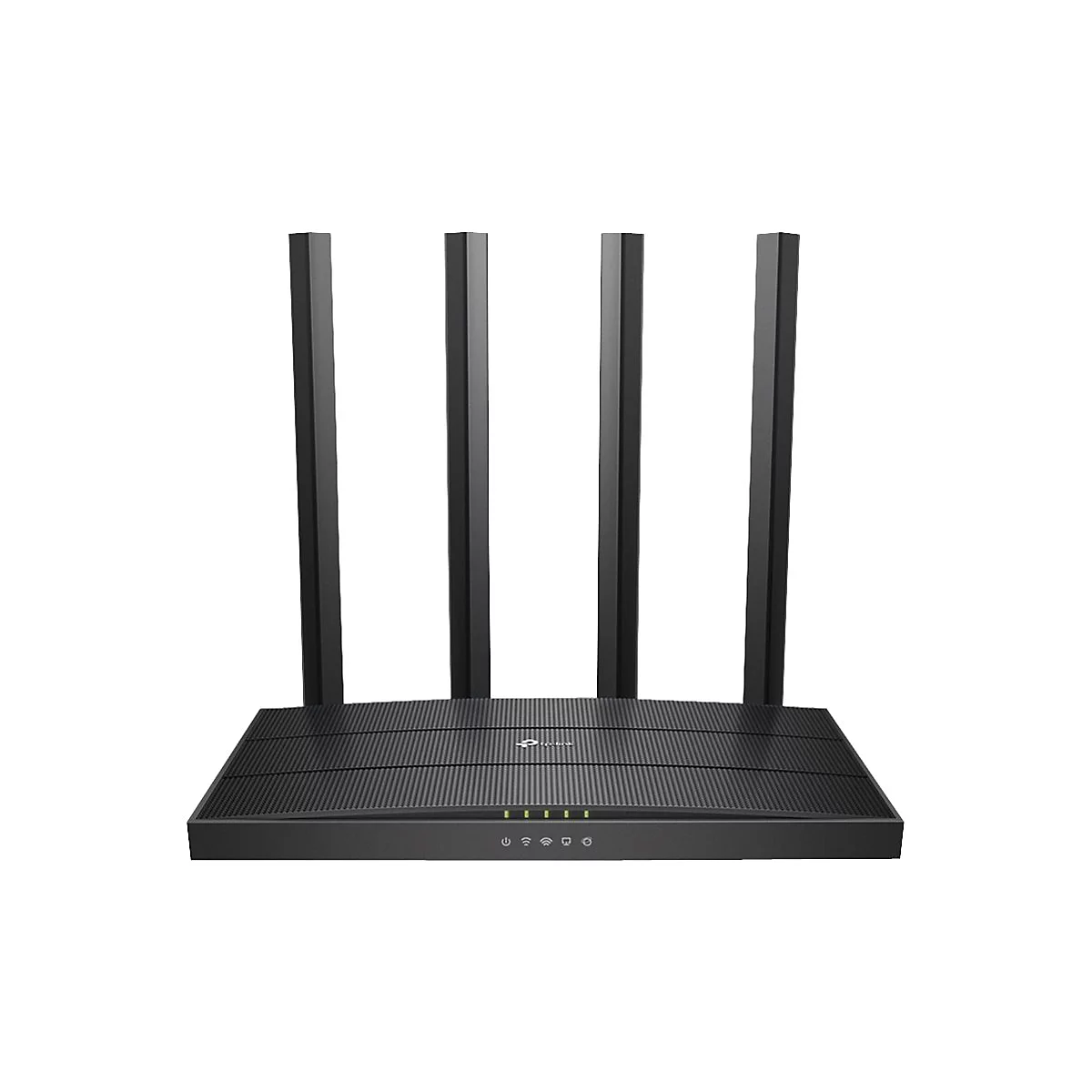 Schwarzer WLAN-Router mit vier Antennen, auf weißem Hintergrund.