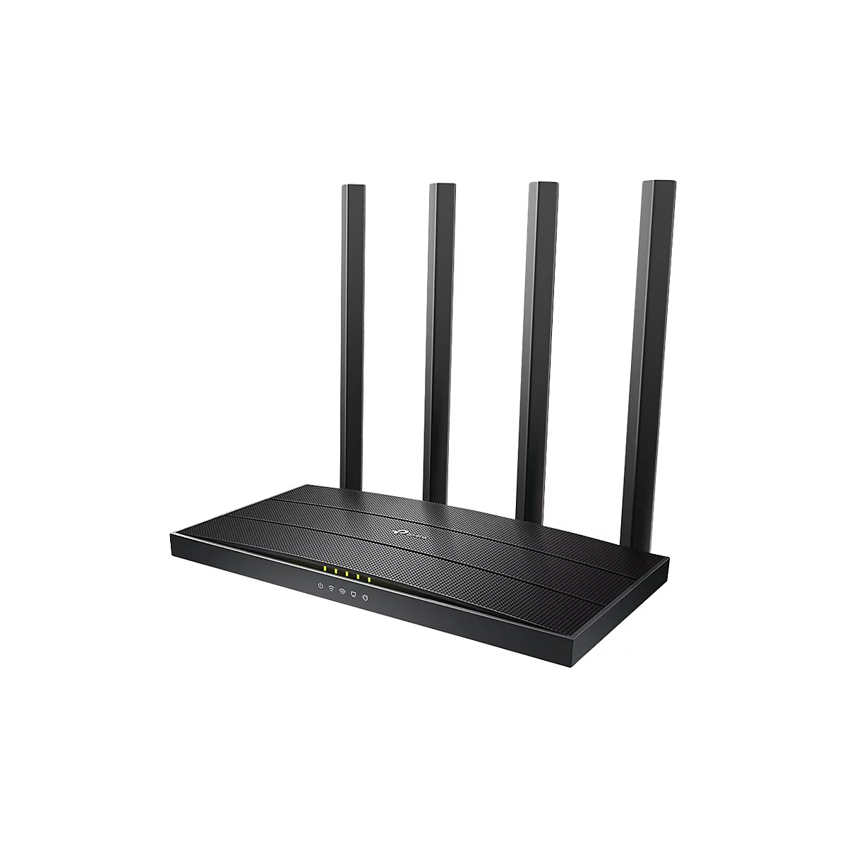 Routeur Wi-Fi noir avec quatre antennes. Les voyants de contrôle brillent à l'avant.