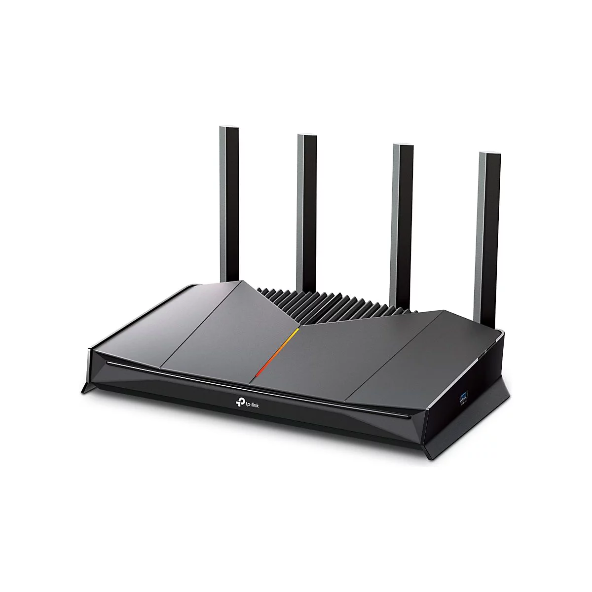 Schwarzer WLAN-Router mit vier Antennen. Das Logo von tp-link ist zu sehen.