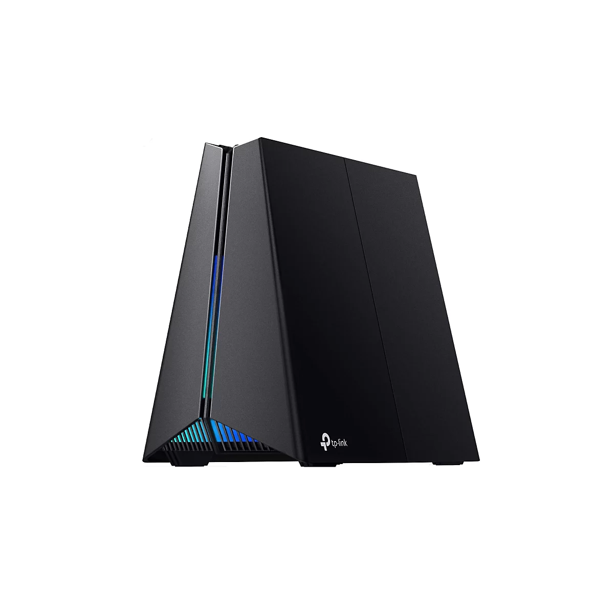 Schwarzer Router mit leuchtenden blauen und grünen Akzenten; das TP-Link Logo ist sichtbar.