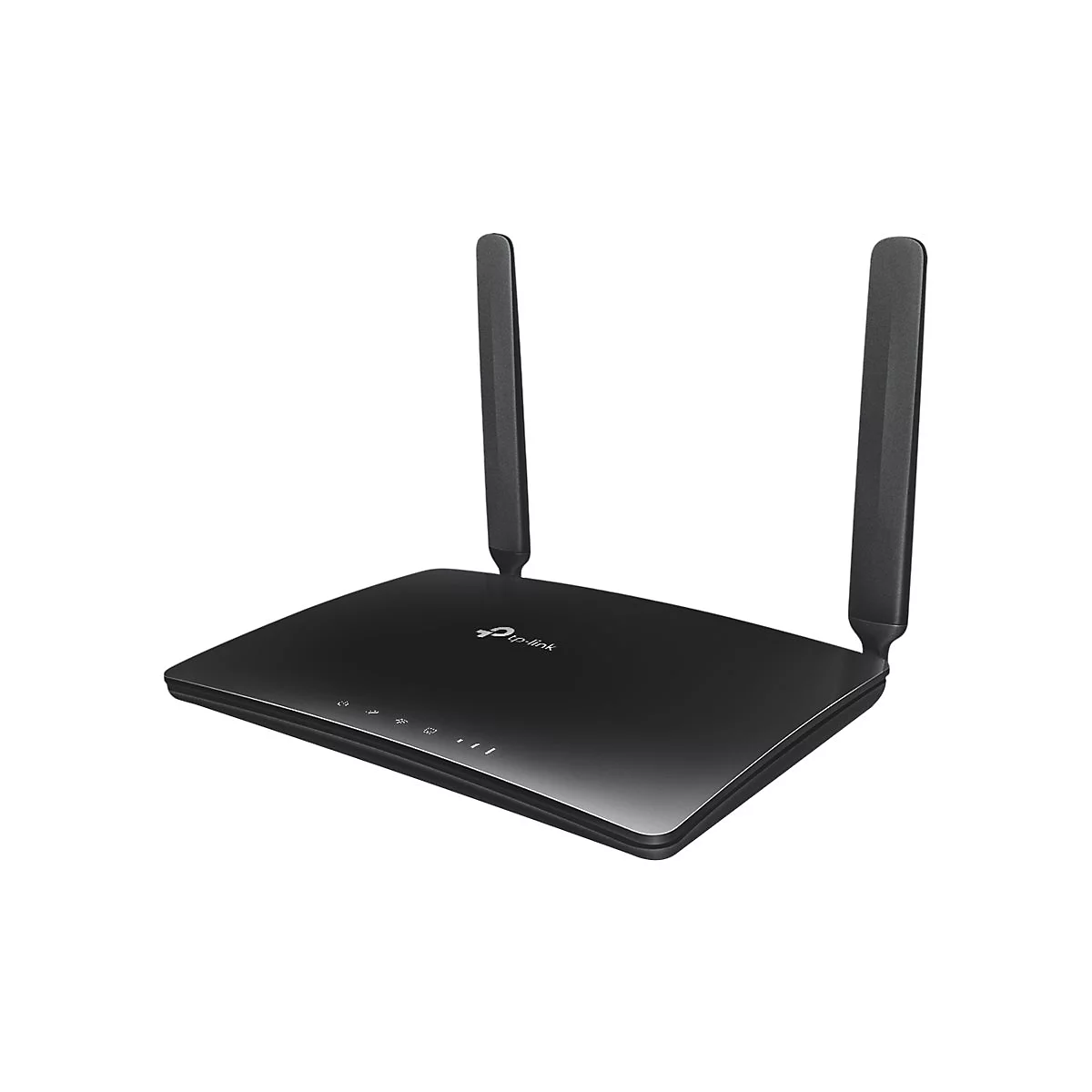Schwarzer WLAN-Router mit zwei Antennen. Das Logo von TP-Link ist sichtbar.