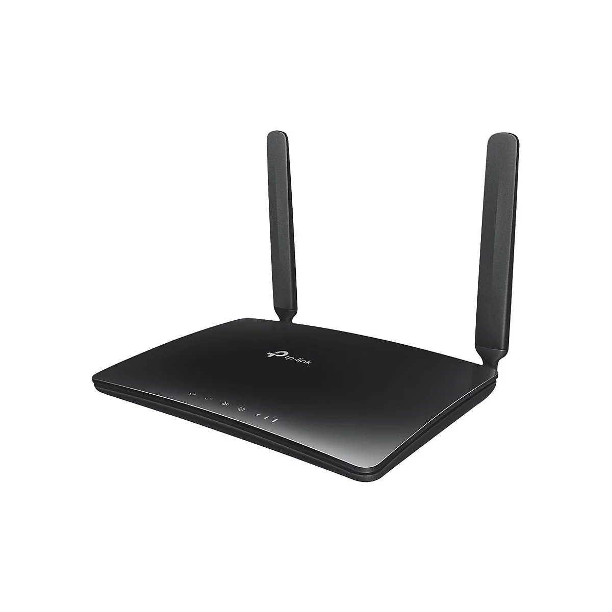 Schwarzer WLAN-Router mit zwei Antennen; TP-Link Logo.
