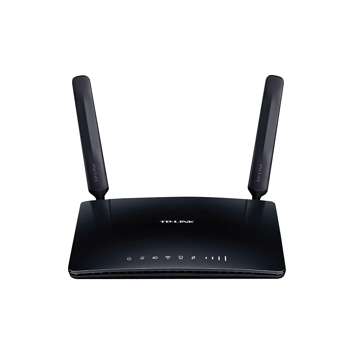 Schwarzer Router mit zwei Antennen. Aufschrift: TP-Link.