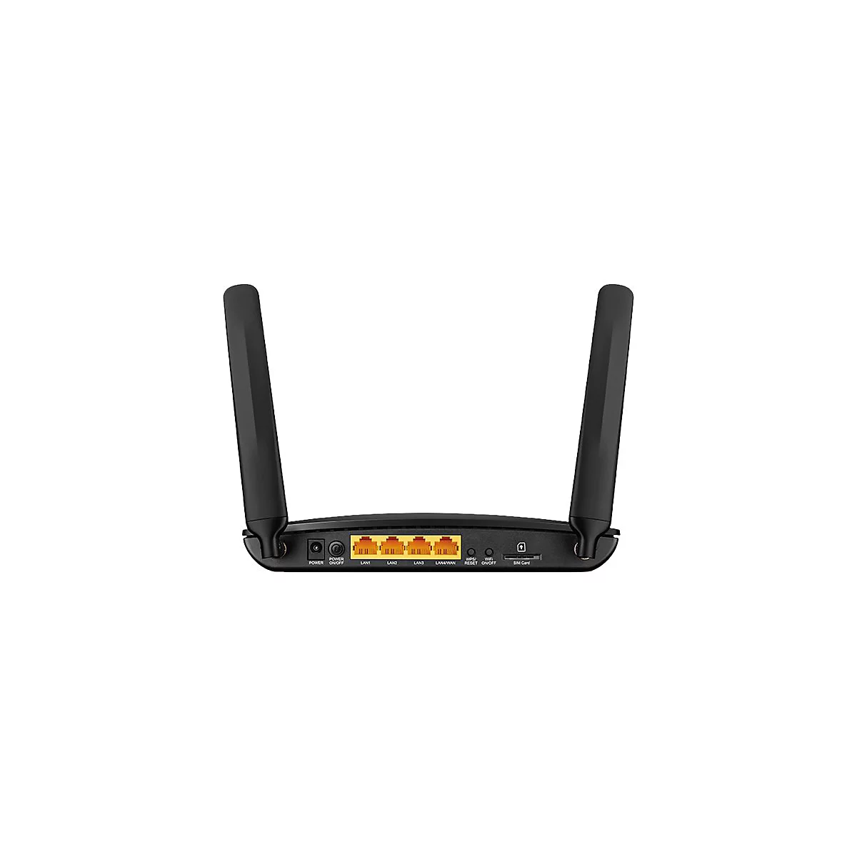 Schwarzer WLAN-Router mit zwei Antennen. Rückseite mit Anschlüssen, Knöpfen und Beschriftungen: Power, LAN, WPS, Reset.