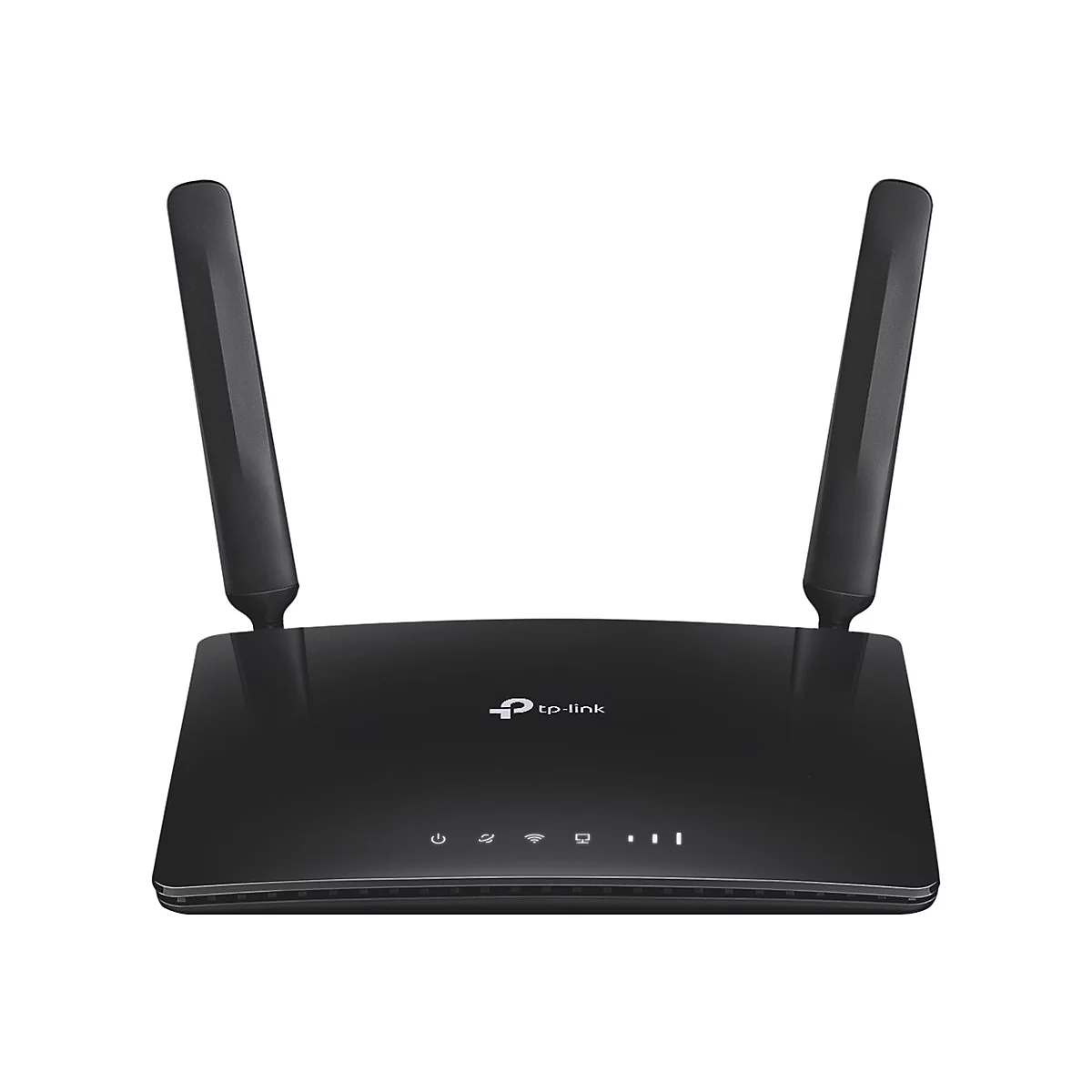 Schwarzer WLAN-Router mit zwei Antennen. Auf dem Gerät befindet sich das TP-Link-Logo sowie Funktionsanzeigen.