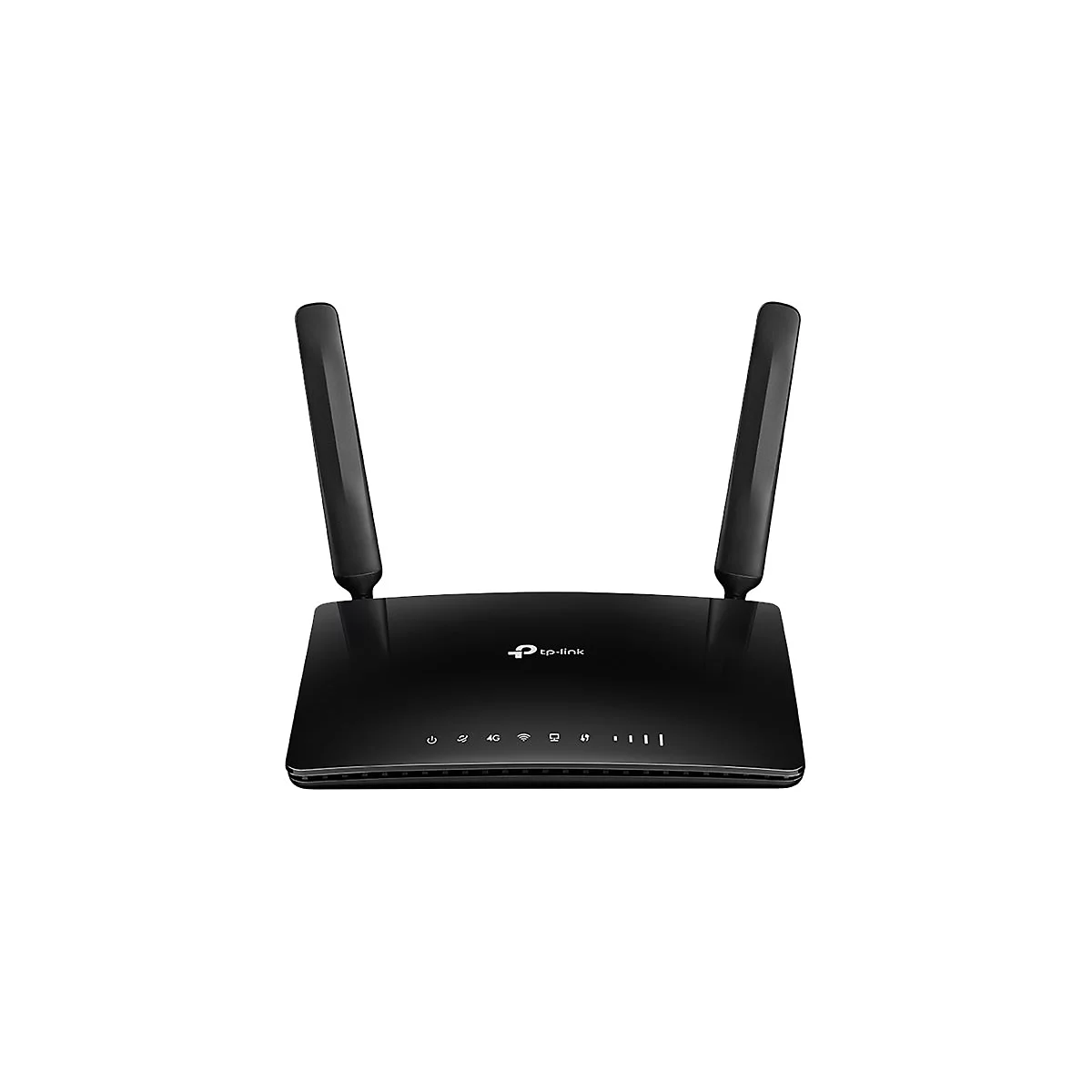 Schwarzer WLAN Router mit zwei Antennen. Auf der Vorderseite sind Symbole und LEDs zu sehen. Logo von tp-link.