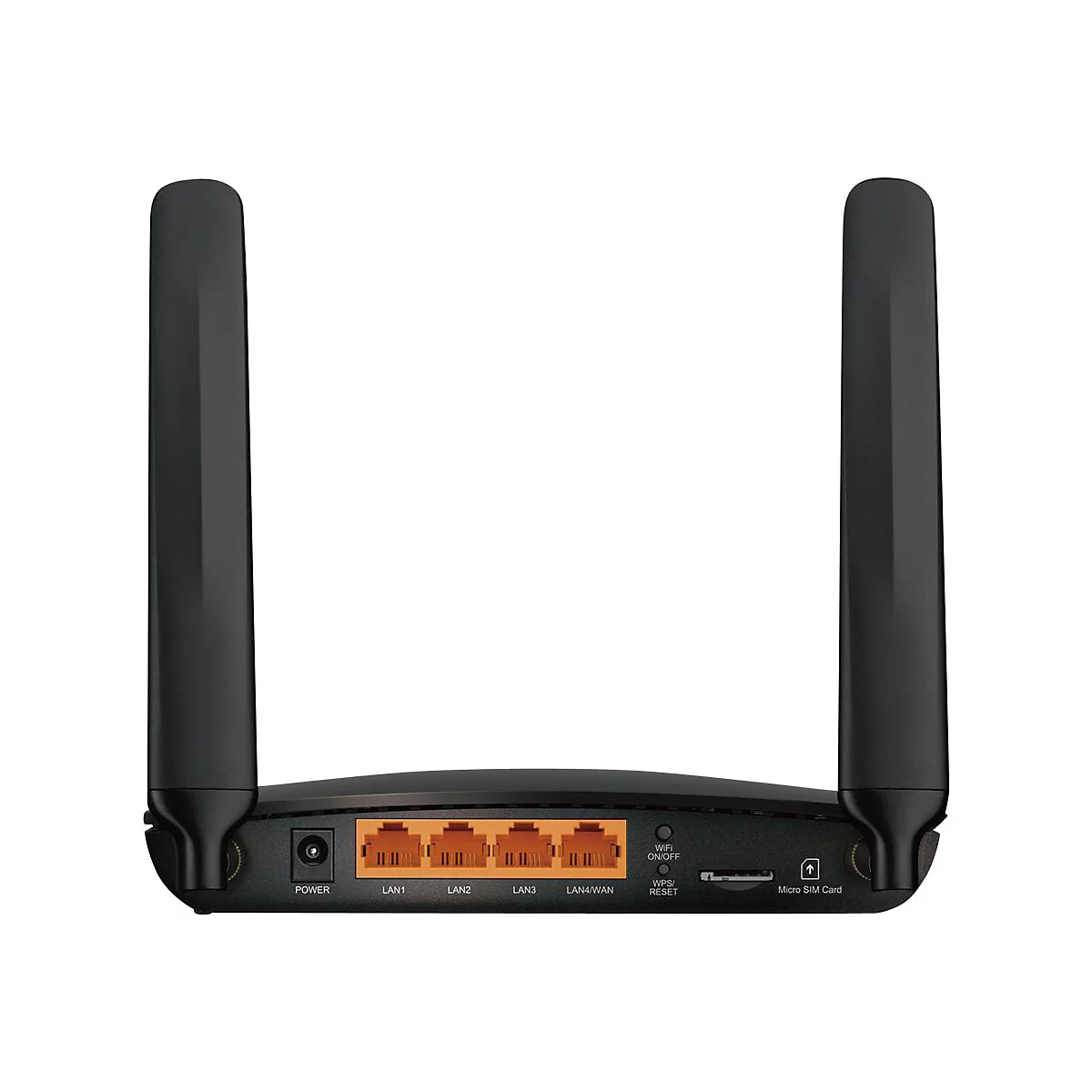 Routeur WiFi noir avec deux antennes. Le bas comporte des ports et des étiquettes : Power, LAN1-4, WiFi, WPS, Reset et Micro SIM.