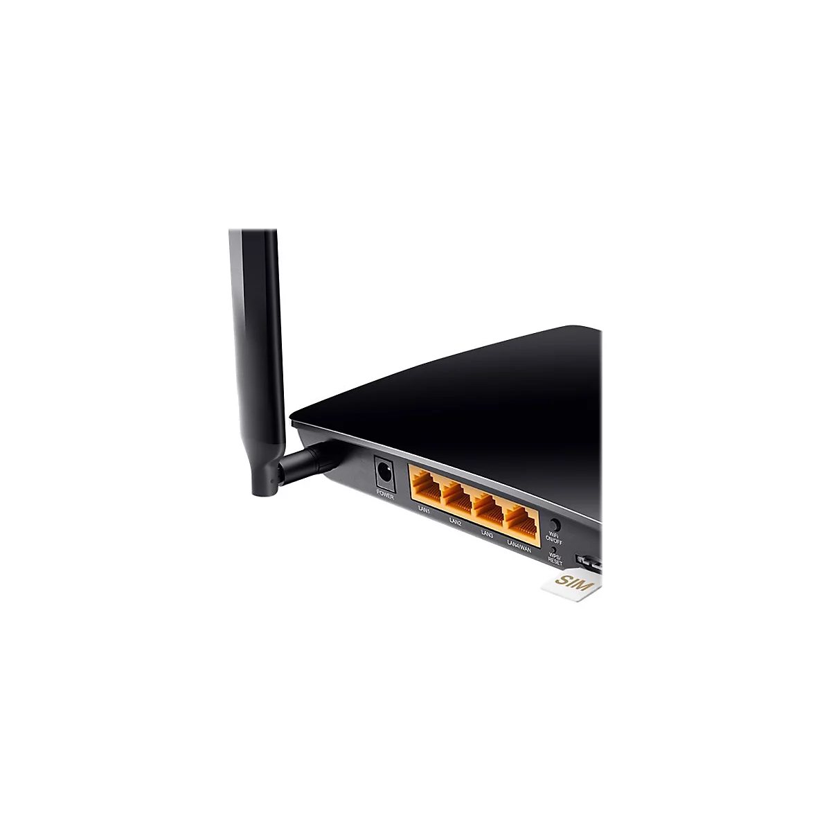 Gros plan d'un routeur noir avec des ports, une antenne et une fente pour carte SIM. Étiquettes : LAN1, LAN2, LAN3, LAN WAN, SIM.