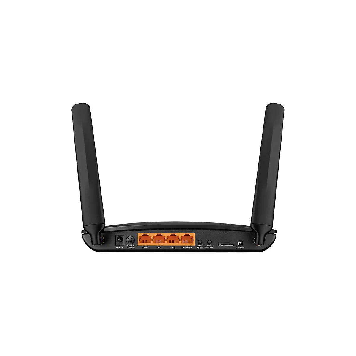 Schwarzer Router mit zwei Antennen. Auf der Rückseite Anschlüsse, Knöpfe und Beschriftungen: Power, LAN, WIFI und SIM-Karte.