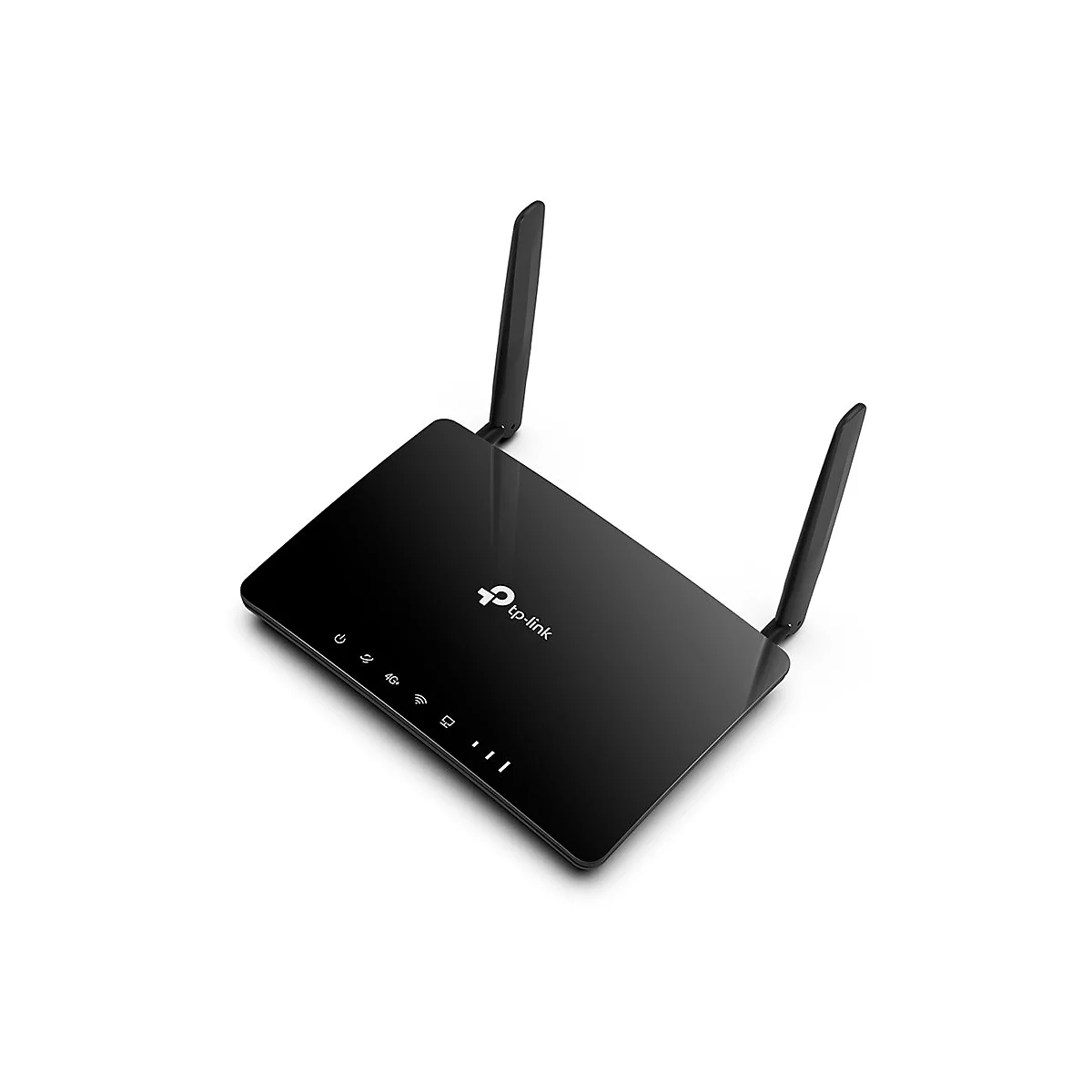 Routeur TP-Link noir avec deux antennes sur fond blanc. Divers voyants.