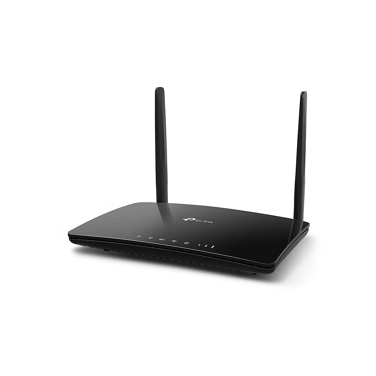 Routeur Wi-Fi noir avec deux antennes. Logo TP-Link en haut, petits voyants en dessous.