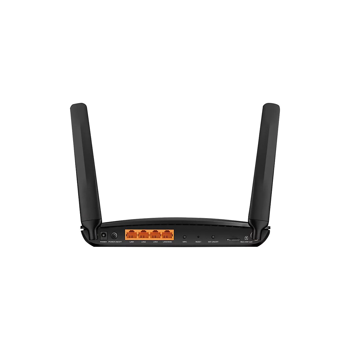 Schwarzer Router mit zwei Antennen. Auf der Rückseite Anschlüsse und Beschriftungen: Power, LAN, WAN, WPS, Reset.