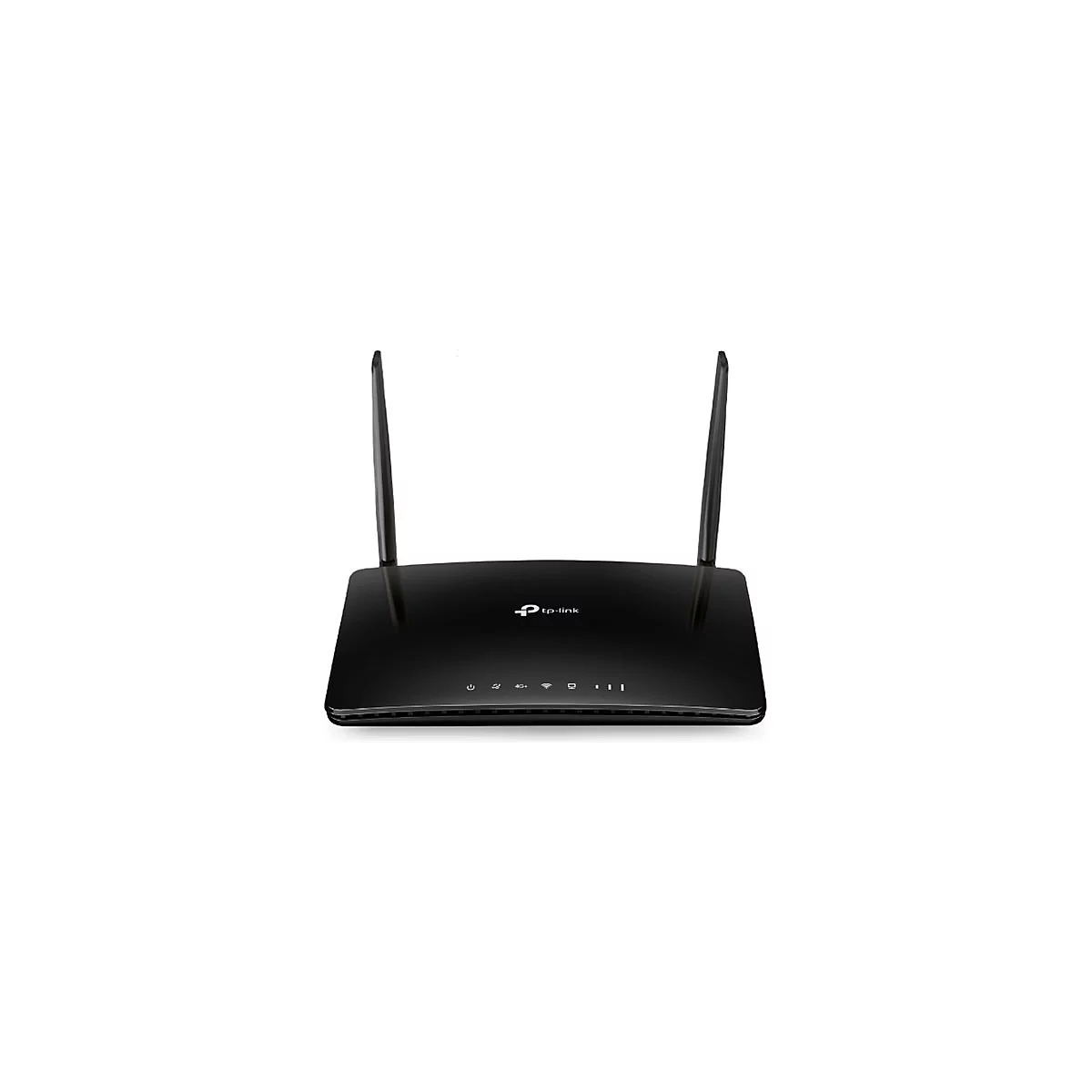 Schwarzer WLAN-Router mit zwei Antennen. Oben links und rechts, leicht schräg, angebracht. Auf der Oberseite befinden sich Kontrollleuchten.