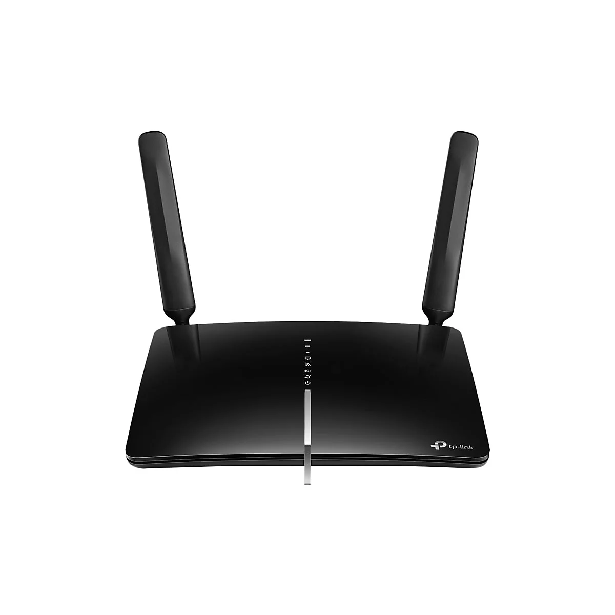 Routeur WiFi noir avec deux antennes. Des LED et un logo sont visibles sur le devant.
