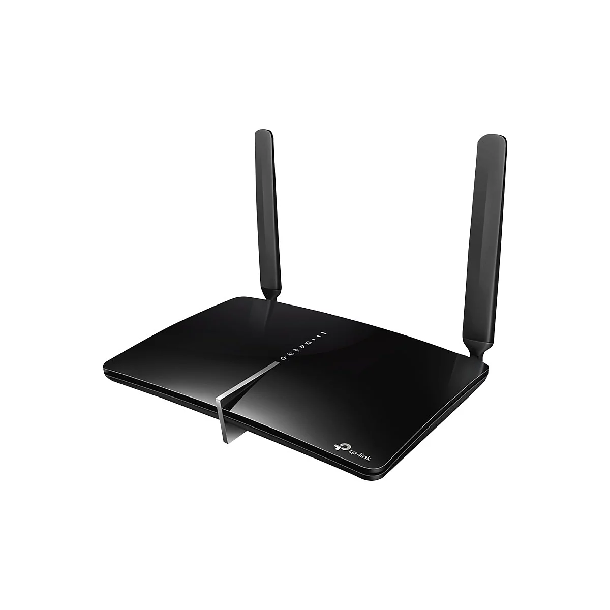 Routeur noir avec deux antennes. Des voyants de contrôle sont visibles sur le dessus. Le logo tp-link est visible.