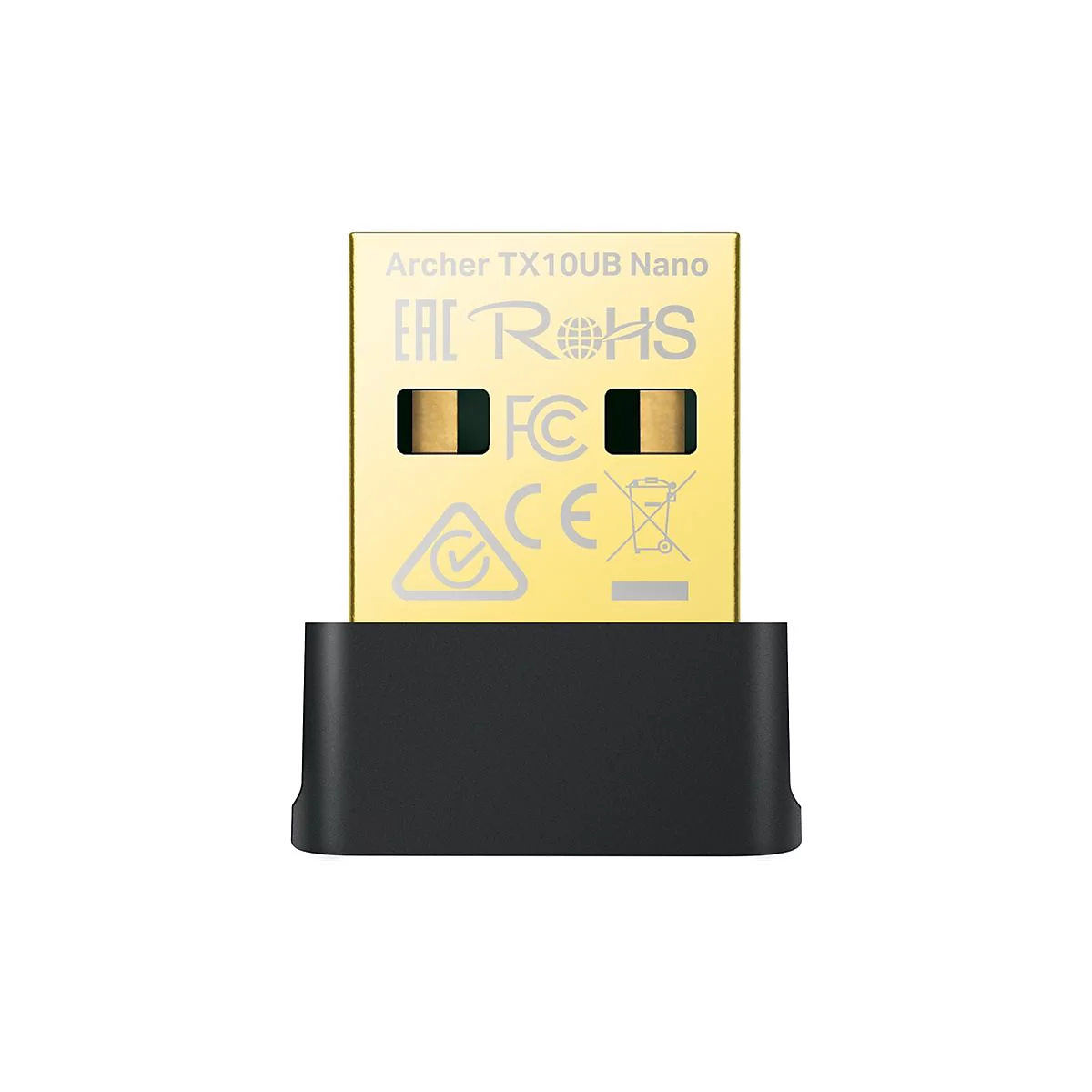 Ein goldfarbener USB-WLAN-Adapter mit schwarzem Gehäuse. Beschriftungen umfassen "Archer TX10UB Nano", "EAC RoHS" und Logos.