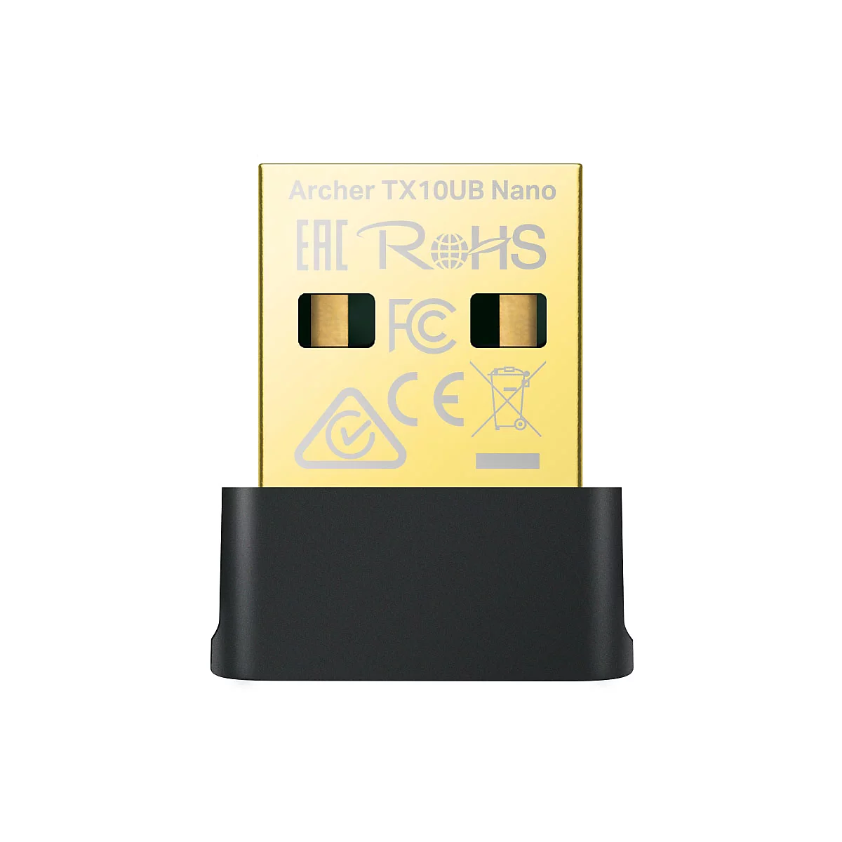 Nahaufnahme eines goldenen USB-Adapters mit schwarzem Gehäuse. Aufschrift: Archer TX10UB Nano, EAC RoHS, FC, CE.