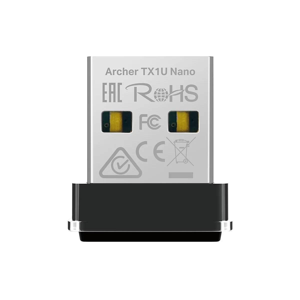 Ein silberner USB-Adapter mit schwarzem Gehäuse. Auf der Oberfläche sind Beschriftungen wie "Archer TX1U Nano", "EAC RoHS" und "FC" zu sehen.