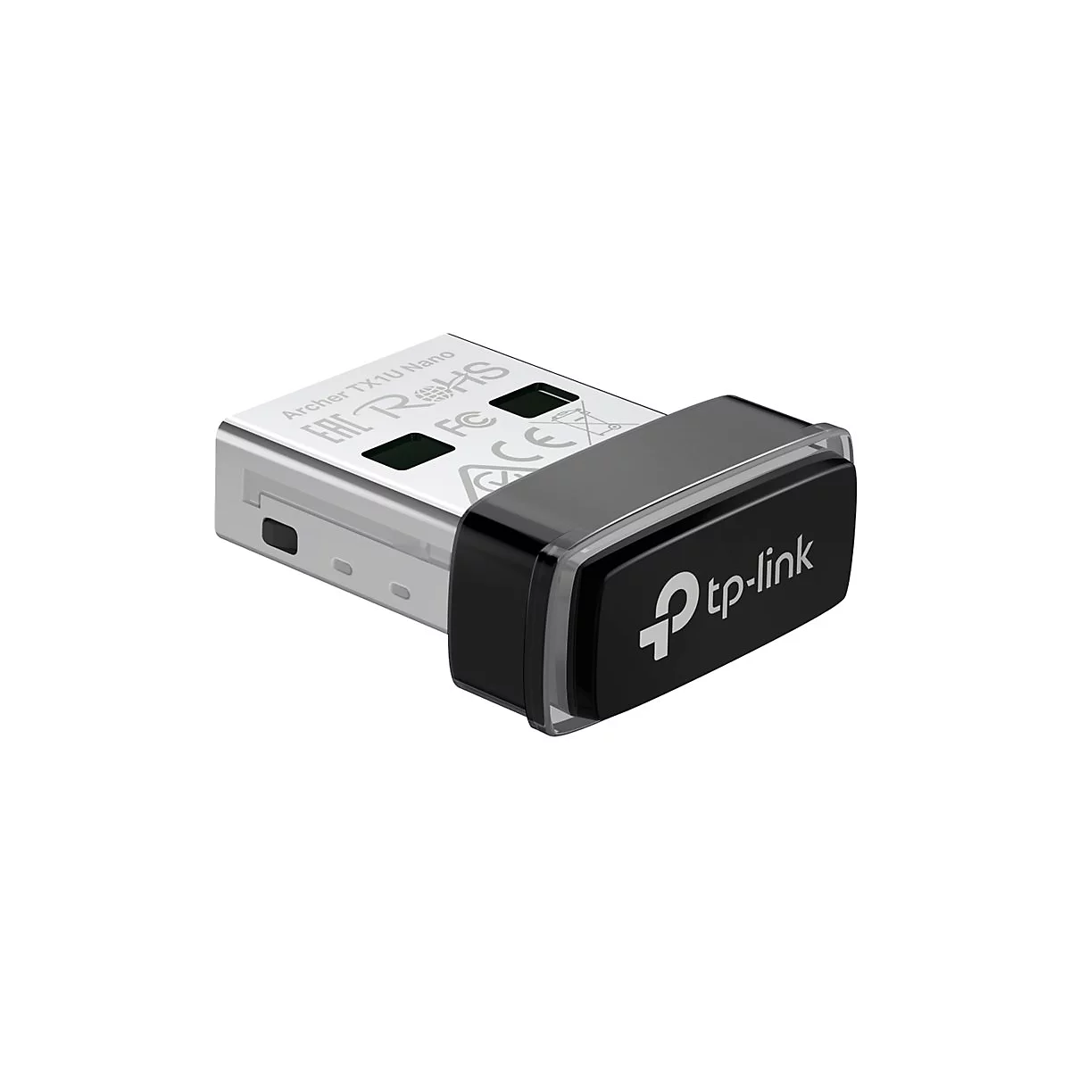 Ein schwarzer TP-Link Archer TX1U Nano WLAN-Adapter. Silberner USB-Stecker. Der Adapter hat das TP-Link-Logo.