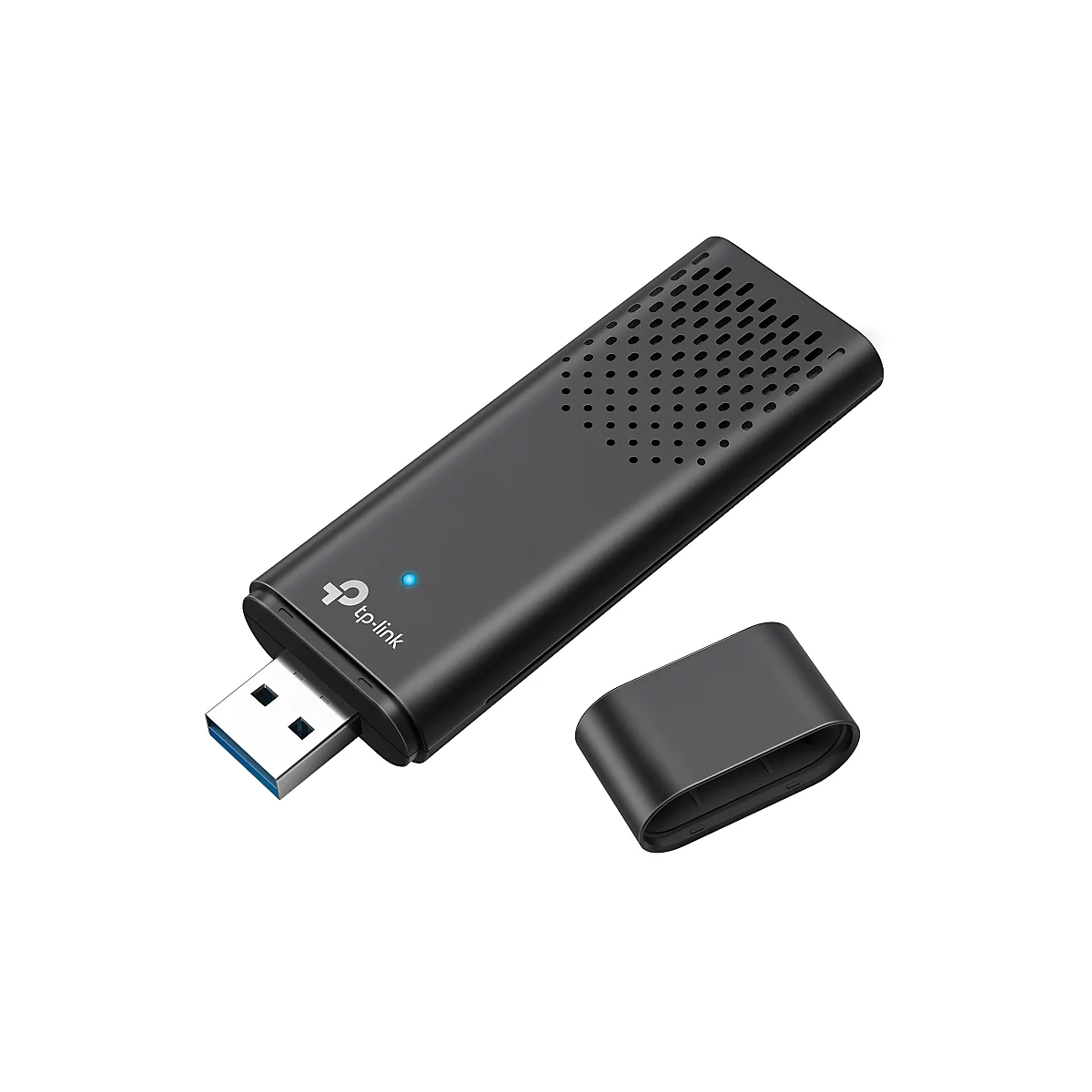 Adaptateur Wi-Fi USB noir avec le capuchon retiré. Logo de tp-link et LED bleue visible.