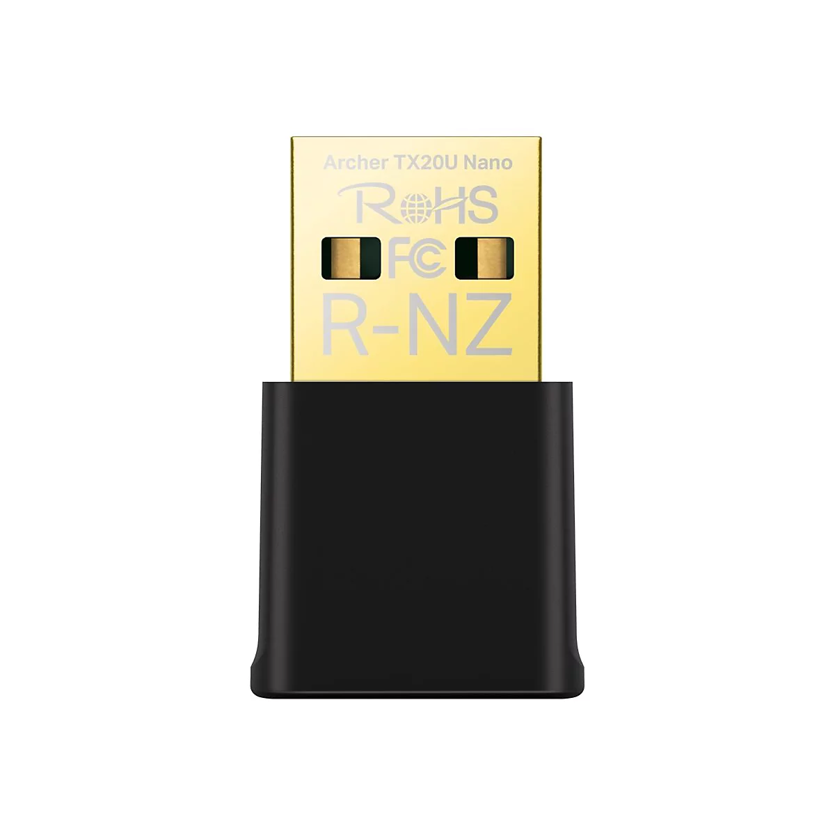 Ein schwarzer USB-Adapter mit goldenem Teil, auf dem „Archer TX20U Nano“ und Symbole stehen.