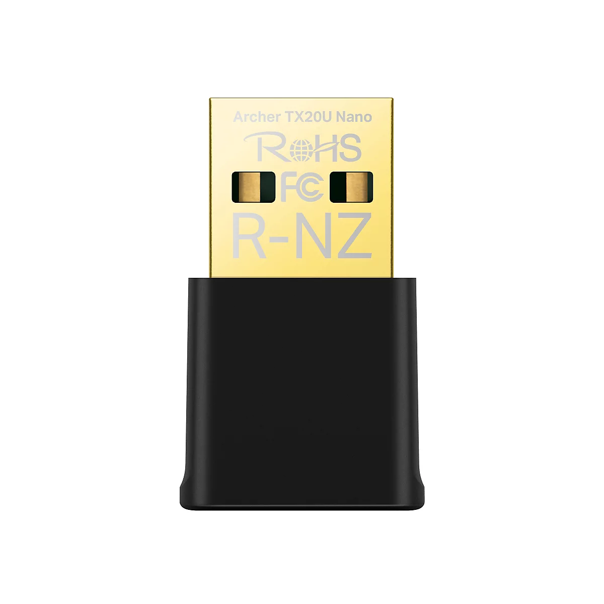 Ein USB-WLAN-Adapter mit goldfarbenem Anschluss und schwarzem Gehäuse. Auf der Oberfläche stehen Schriftzüge: Archer TX20U Nano, RoHS, FC, R-NZ.