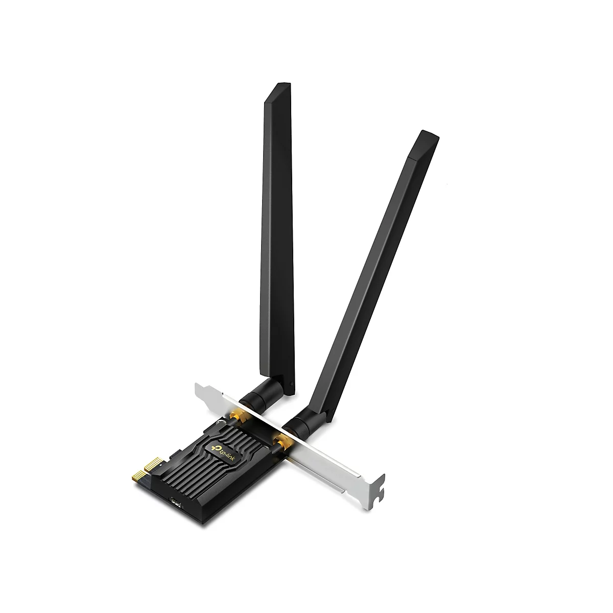 Schwarze Netzwerkkarte mit zwei Antennen. Auf der Karte befindet sich der Schriftzug tp-link.