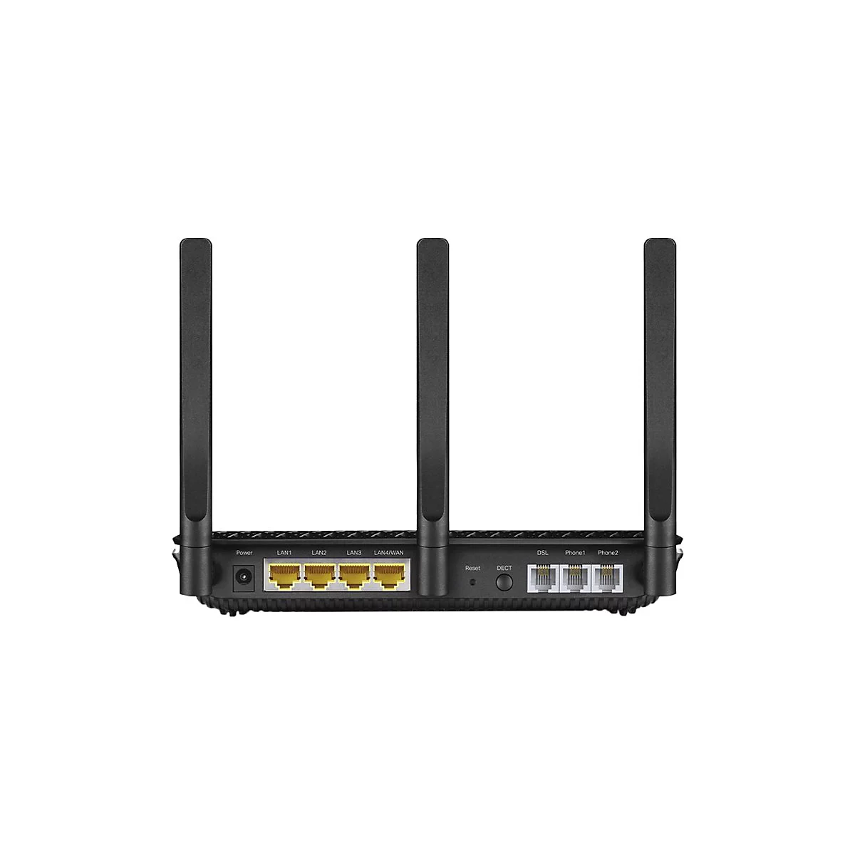 Schwarzer Router mit vier Antennen, LAN-, DSL- und Telefonanschlüssen. Beschriftungen: Power, LAN1-4, DSL, Phone1/2.