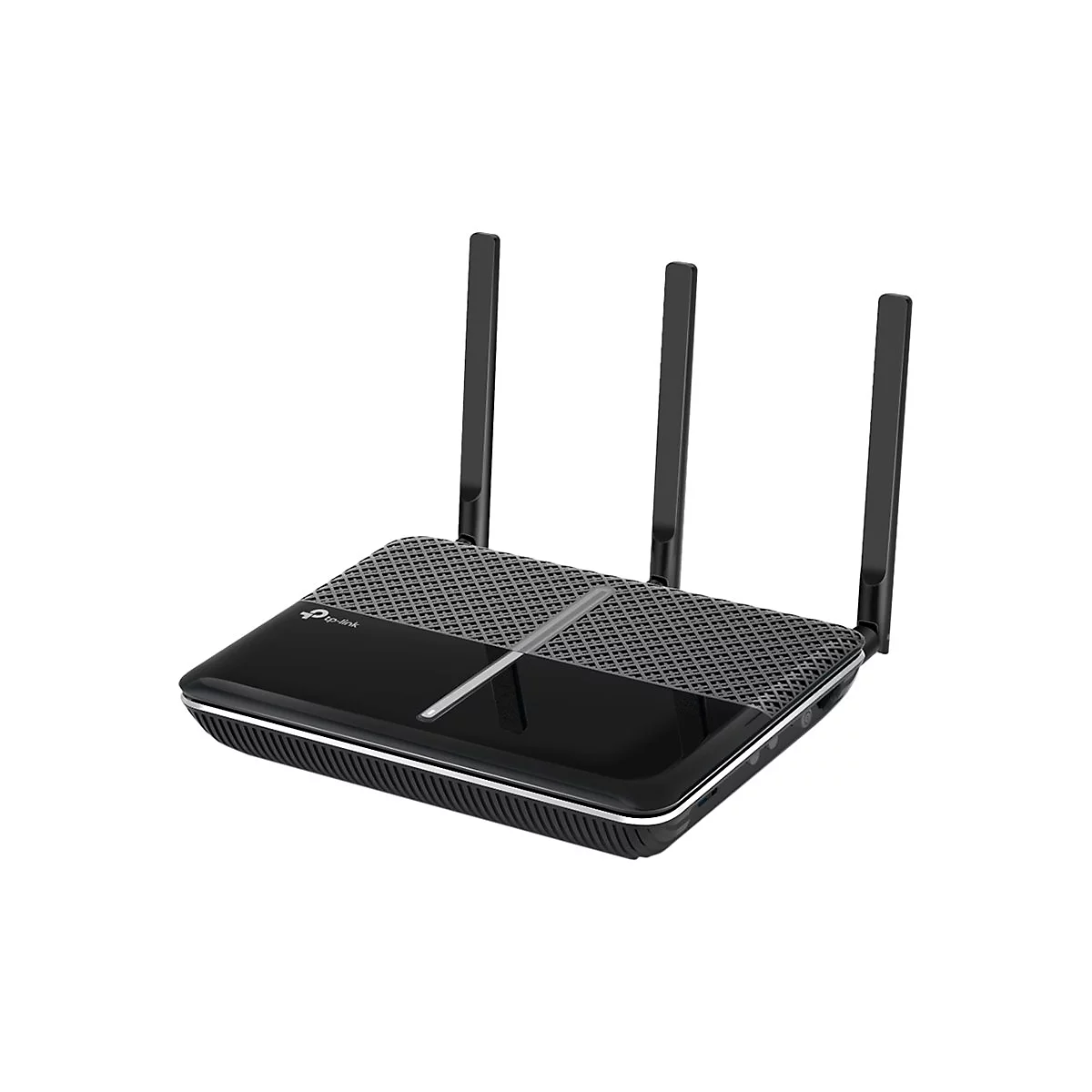 Schwarzer WLAN-Router mit drei Antennen, oben graues Muster, vorne Logo.