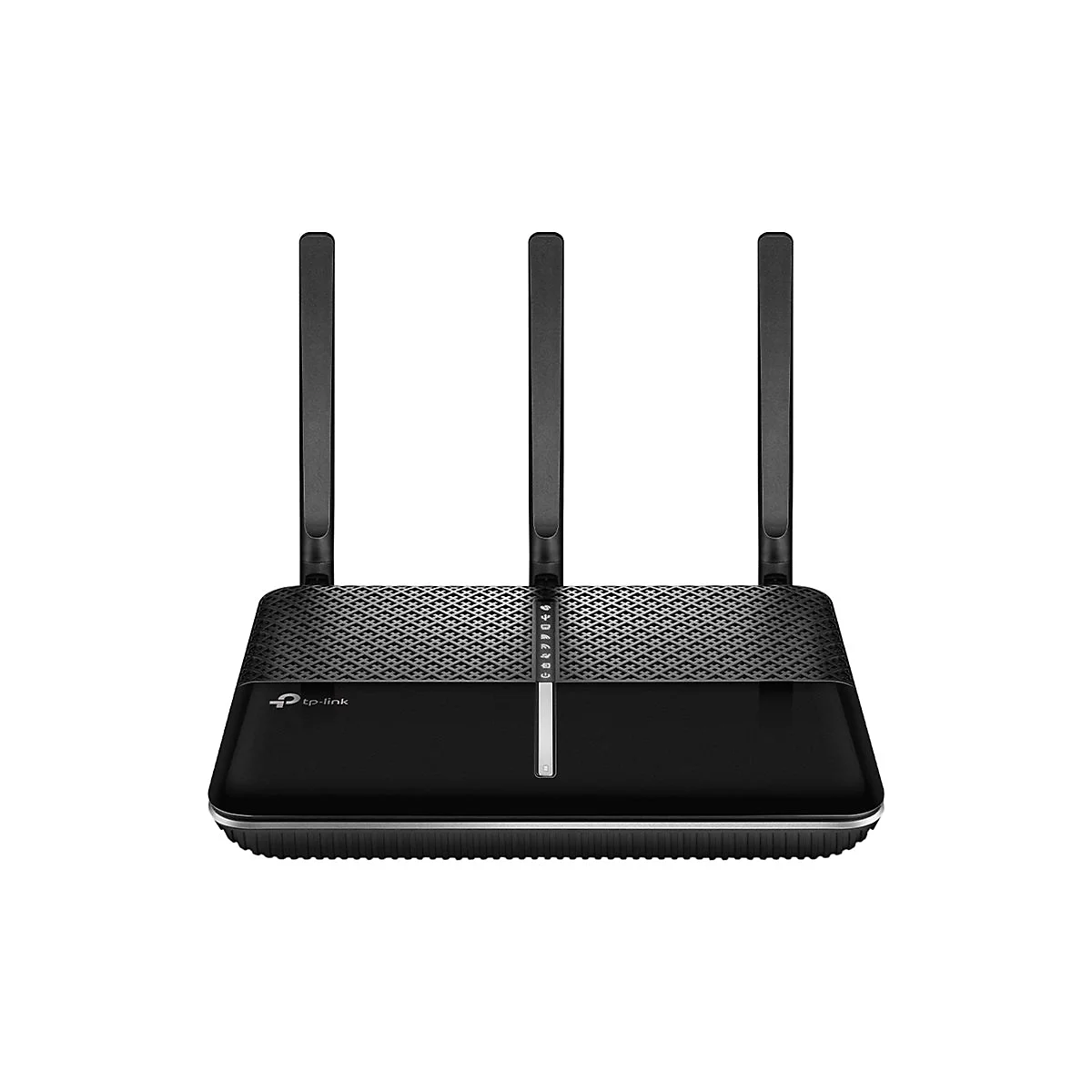 Schwarzer WLAN-Router mit drei Antennen, Logo tp-link, grau-silberfarbener Rahmen.