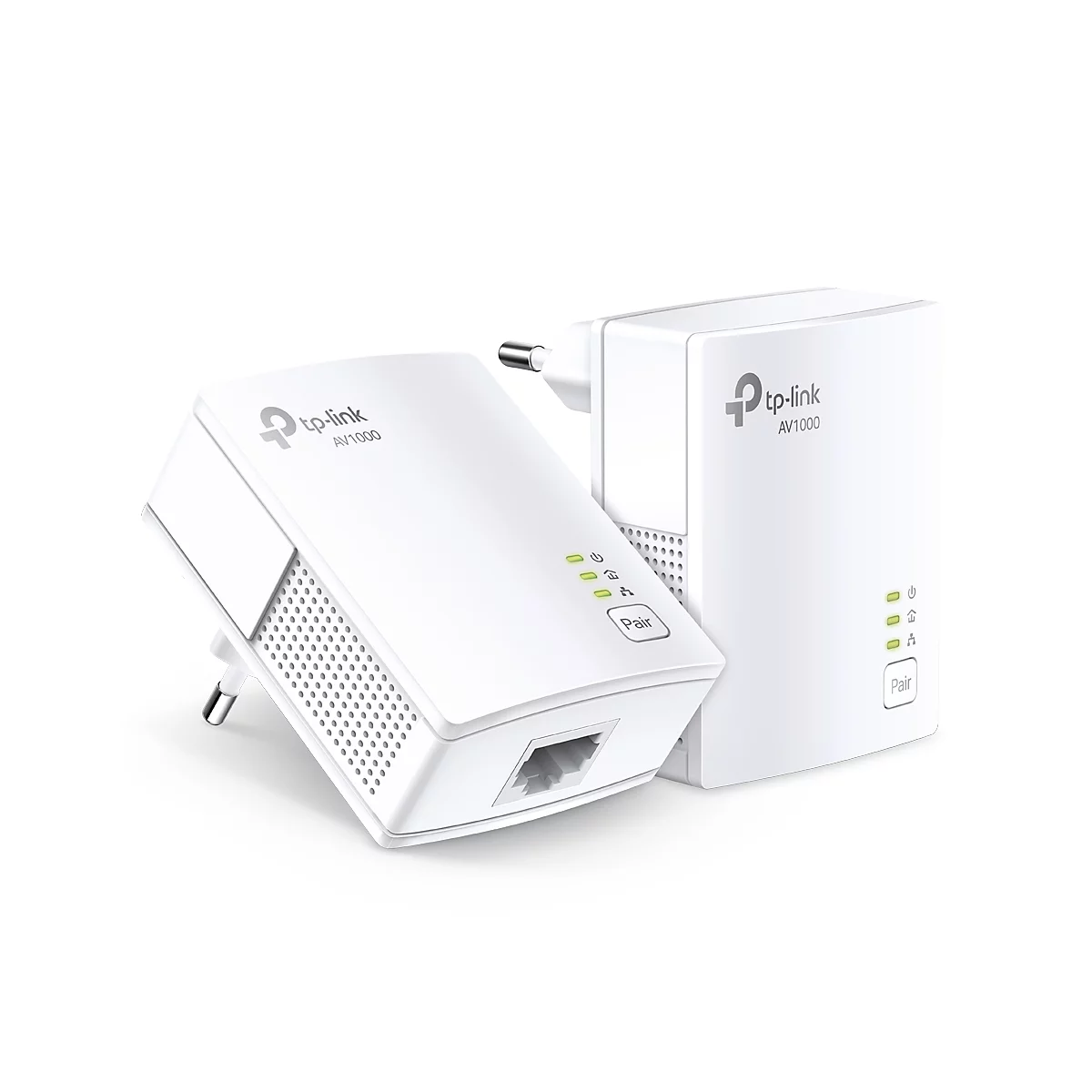 Deux adaptateurs CPL TP-Link AV1000 blancs. Les deux appareils sont visibles en détail, avec le logo, 'AV1000' et diverses lumières.