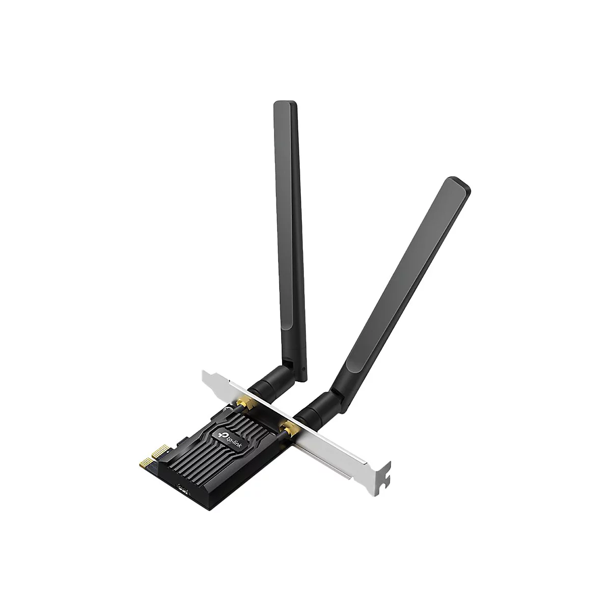 WLAN-Karte von TP-Link. Schwarz mit zwei Antennen. Produktansicht auf weißem Hintergrund.