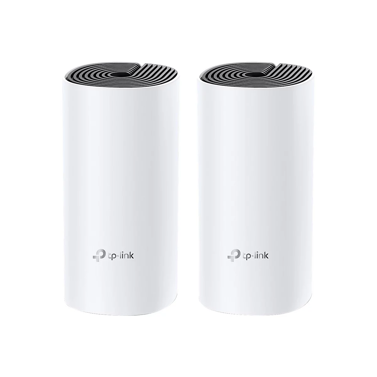 Deux appareils cylindriques blancs avec des dessus noirs rainurÃ©s. Logo tp-link en bas.
