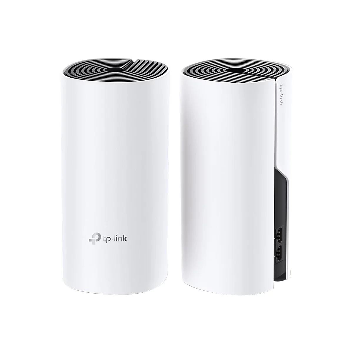 Deux routeurs TP-Link cylindriques blancs. Le dessus a des cercles concentriques noirs. Un routeur a des ports.